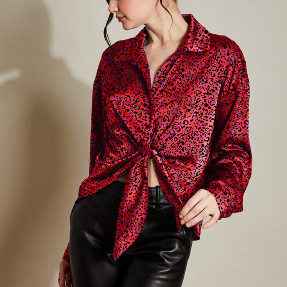 Hutch Cherry Leopard Tie Waist Button Up Blouse
